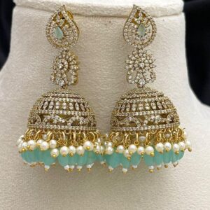 Home premium gold jhumka earrings with mint green beads & pearls