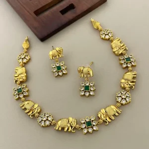 Royal Elephant Ruby & Emerald-Style Necklace Set