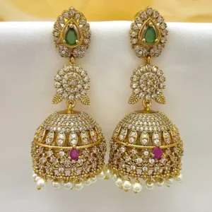 Green and pink jhumka earrings with pearl drops