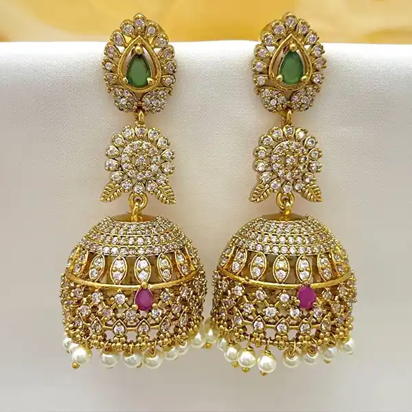 Green and pink jhumka earrings with pearl drops
