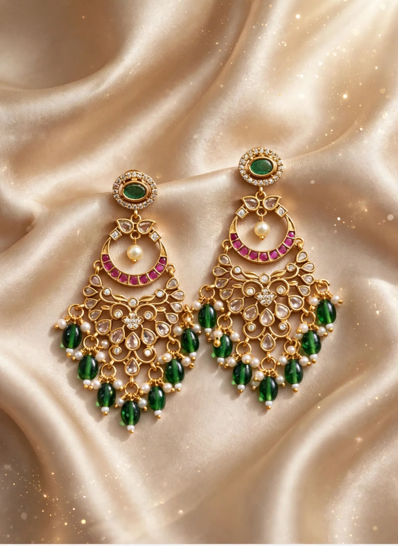 Emerald Ruby Pearl Chandelier Earrings