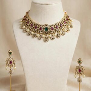 Ruby Emerald Pearl Polki Choker Set