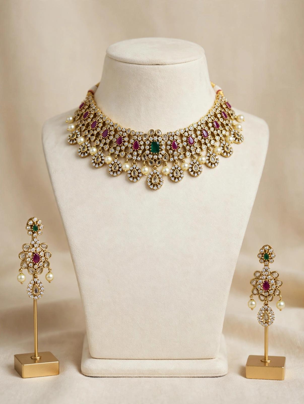 Ruby Emerald Pearl Polki Choker Set